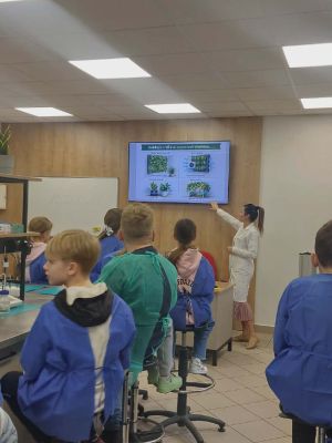 uczniowie oglądają prezentację dotyczącą roślin najlepiej oczyszczających powietrze