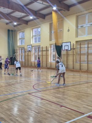 Mecz dziewcząt z naszej szkoły z drużyną dziewcząt z Dobrej podczas gminnych zawod&oacute;w w unihokeja