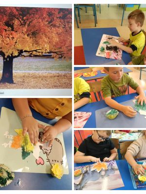 uczniowie klasy 1a w trakcie wykonywania pracy plastycznej