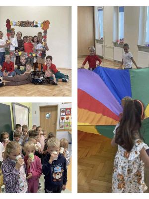 uczniowie klasy 1b podczas zabaw z chustą animacyjną, wsp&oacute;lnego przygotowywania pysznego soku witaminowego oraz na pamiątkowym zdjęciu grupowym