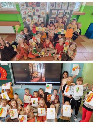 uczniowie klasy 1c podczas aktywności związanych z pierwszym dniem jesieni