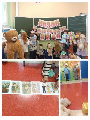 Zabawy uczni&oacute;w z pluszakami podczas Dnia Pluszowego Misia.