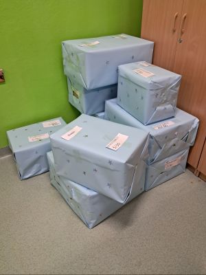 Spakowane produkty dla potrzebującej rodziny.